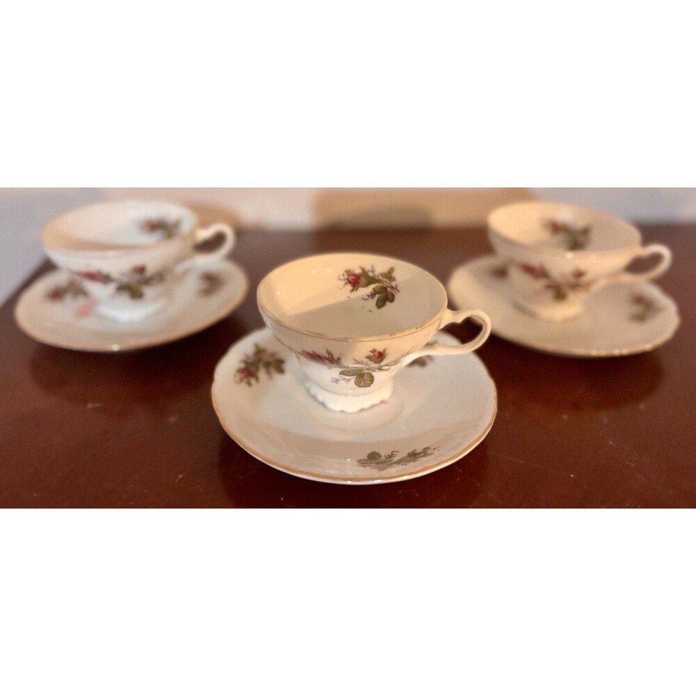 Royal Sealy Moss Rose 3 Tea Cup An Saucers Set